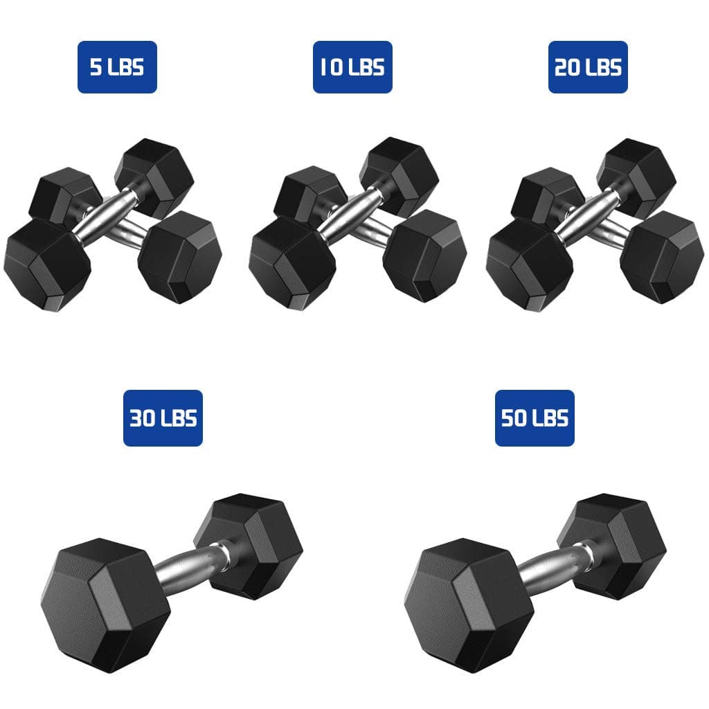 Tronet Rubber Dumbbell Set 5-50, Barbell Set Hex Rubber Dumbbell with Metal Handles Heavy Dumbbell