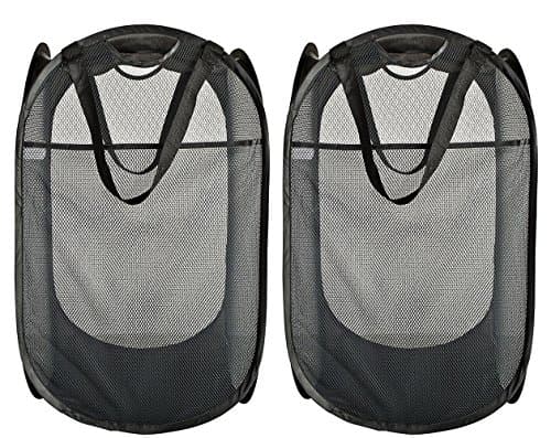 Faustine Foldable Pop-Up Mesh Hamper, Laundry Hamper with Reinforced Carry Handles and Side Pocket, Pack of 2 (Black)