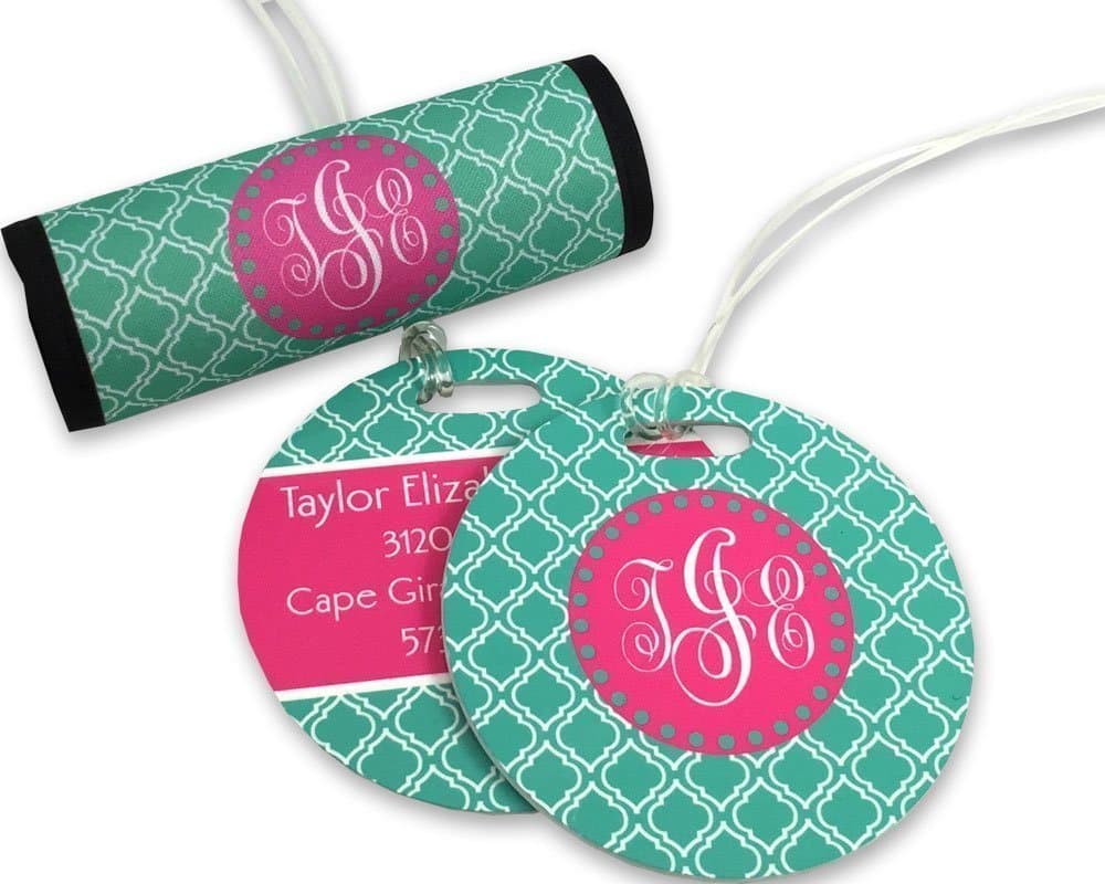 Personalized Monogram Luggage Tag and Handle Wrap Set, Custom travel set for luggage, bag tag and suitcase handle wrap. Optional Name, Address and Phone for back of tag.