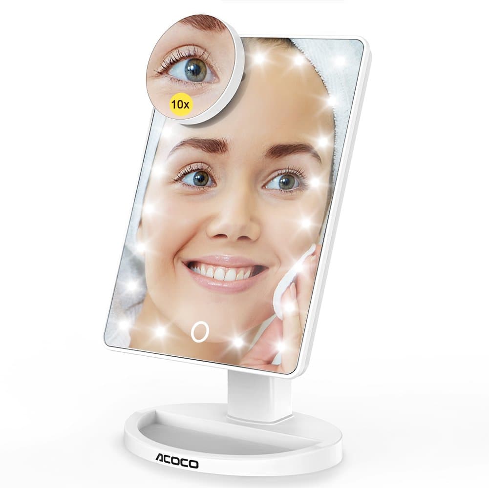 Lighted Makeup Mirror, ACOCO 21 LED Lights Vanity Mirror, High Definition Light Up Illuminated Mirror for Cosmetic, 180°Adjustable Stand, Detachable 10X Magnification Mirror, Touch Screen (White)