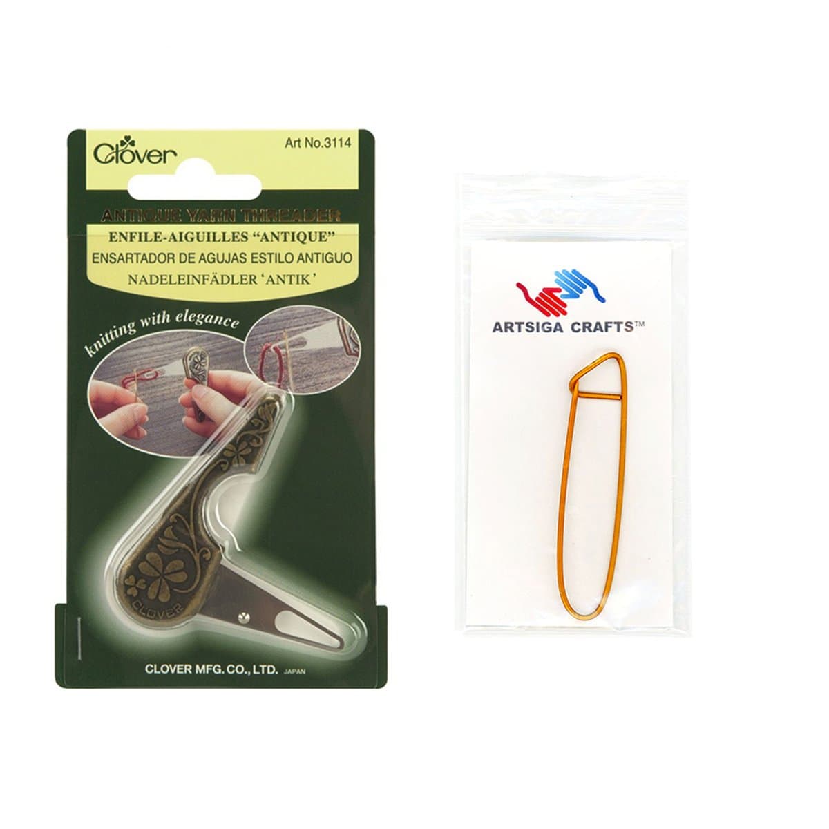 Clover Needlecraft Antique Yarn Threader Bundle with 1 Artsiga Crafts Stitch Holder 3114