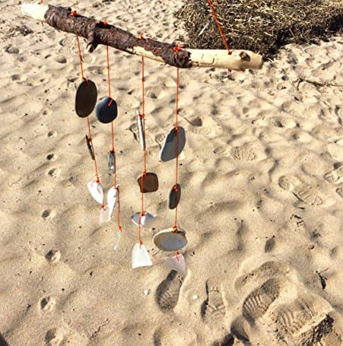 Beach Stone Wind Chime With Surf Tumbled Driftwood Clam Shells Clear Pink and Blue Beach Glass from Cape Cod Orange Fishing Line Quiet Chime