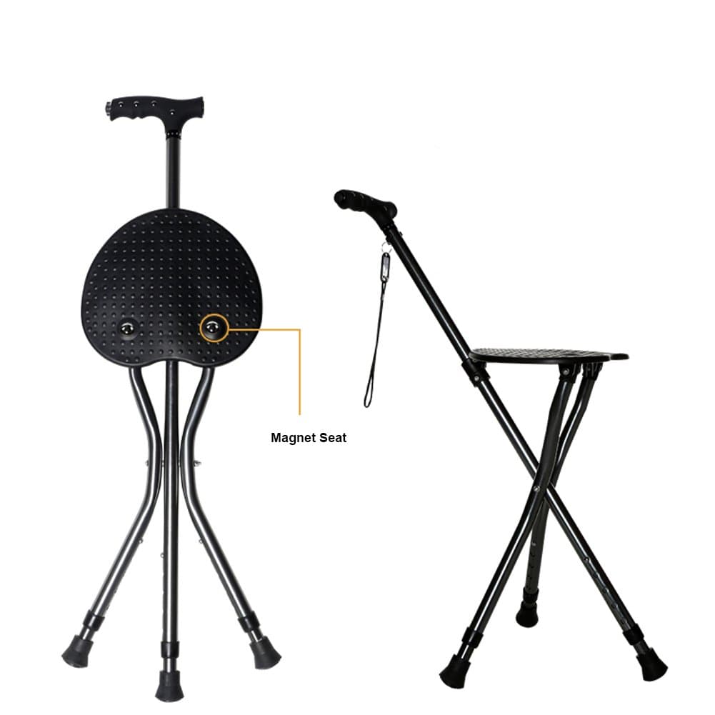 Elderly Disability Walking Stick,Lightweight Adjustable Height Folding Massage Crutch with Seat,C