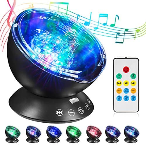 HogarTech Remote Control Ocean Wave Projector 12 LED Night Light with Built-in Mini Music Player & 7 Colors Night Lamp for Bedroom Living Room Parties (Black)