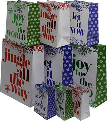 24 White Kraft Christmas Bags Bulk, Extra Small, Medium and Large Sizes, White with Colorful hot Stamp Accents, Jingle All The Way, let it Snow, Joy to The World (Assorted)