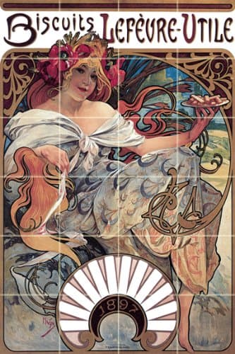 Biscuits Lefevre - Utile Paris by Mucha Alphonse - Art Deco Ceramic Tile Mural 24"W x 36"H (6x6 tiles), Kitchen Shower Bath Backsplash