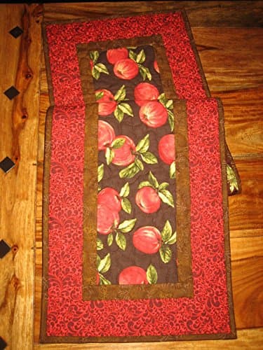 Fall Table Runner Quilted Red Fall Apples on Brown, 13 x 47" Reversible Leaves Autumn Runner