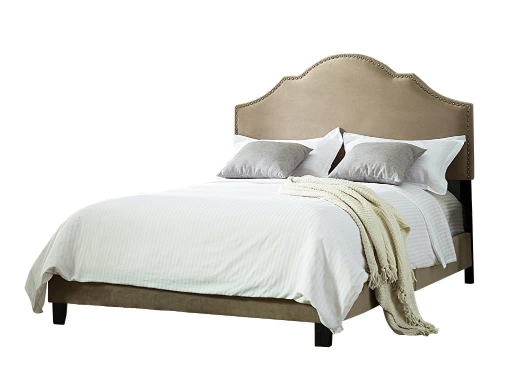 Taupe Queen Size Bed Upholstered Nailhead Frame Bed with Adjustable Three Height Adjustment Headboard