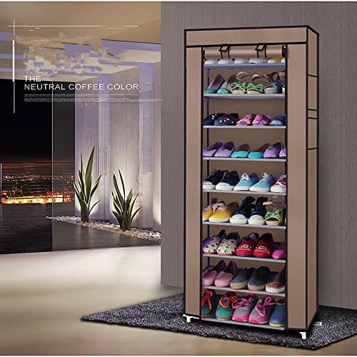 Portable 10 Layer 9 Grid Shoe Rack Shelf Storage Closetwith Dustproof Cover Organizer Cabinet (Wine Red)