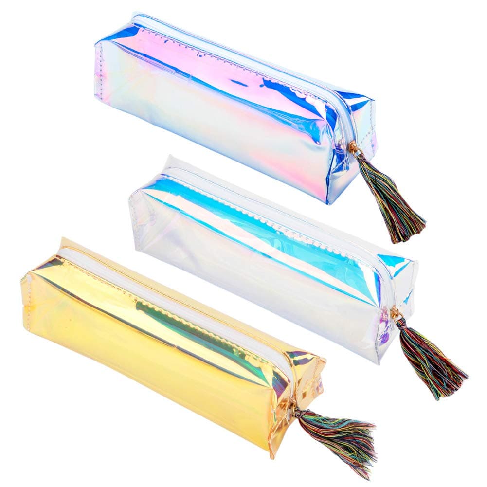 Pencil Case,3 Pack Cute Plastic Pencil Cases Bag Organizer with Zipper, Large Capacity Colorful Laser for Kids Boys Girls Adults, Office School Stationery