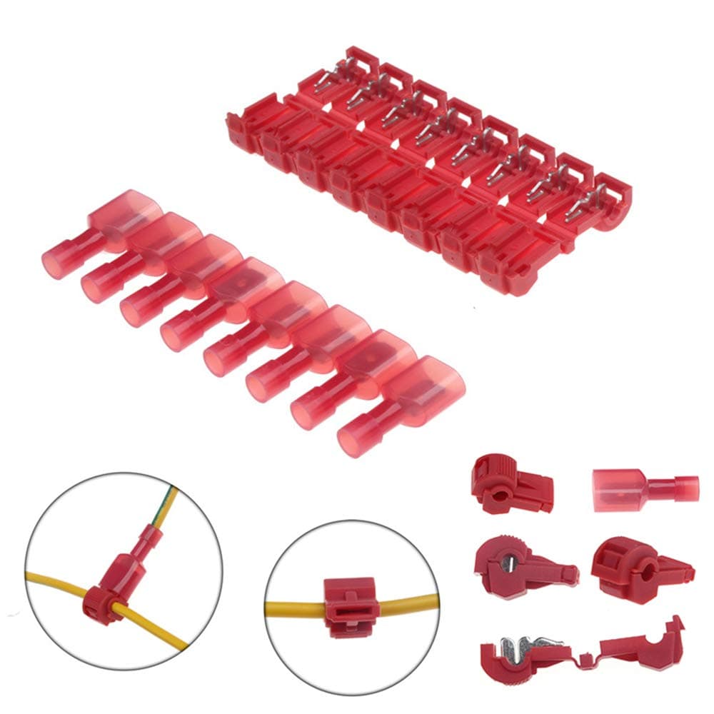 100 PCS Self-Stripping T-Tap Electrical Connectors Wire Quickly Splice Connector and Insulated Male Quick Disconnect Terminals (Red)