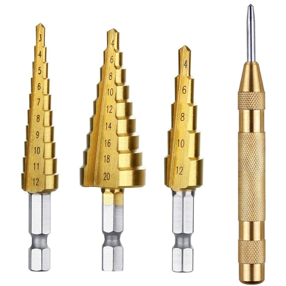 Step Drill Bit Set High Speed Steel Titanium Coated Metric Straight Groove Step Drill Bits Set with Automatic Spring Loaded Center Punch Power Tools, Hex Shank Hss Cone Uni Bit Kit for Hole Wood (Size Metric 3-12 mm 4-12 mm 4-20 mm)