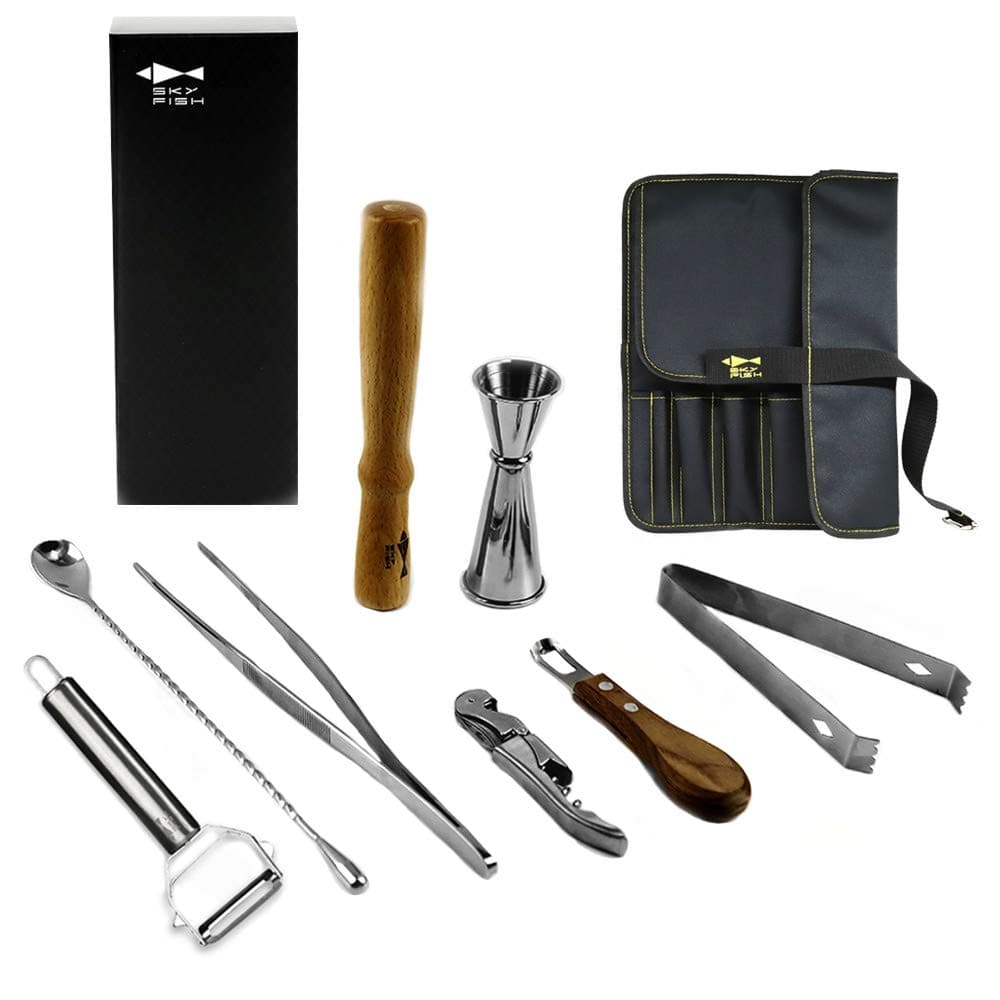 SKYFISH Bartender Bag | 8-Pieces Premium Cocktail Making Tools with Nylon Bag.