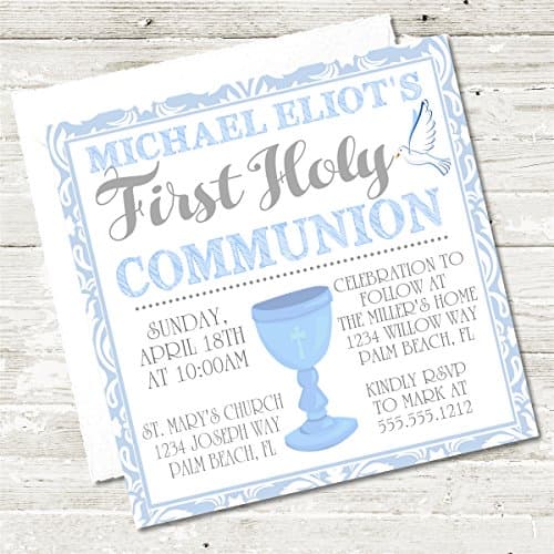 Boys Blue First Holy Communion Square Invitations
