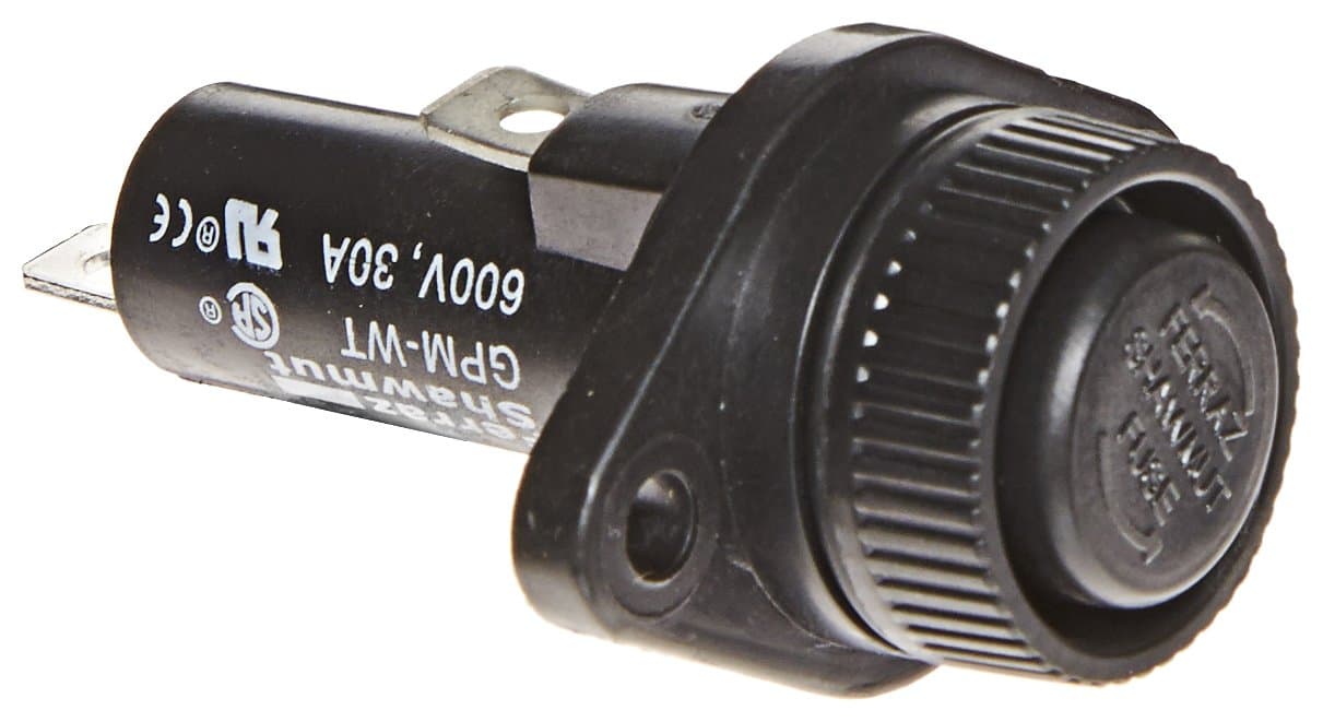 Mersen GPM Panel Mount Fuse Holder with Water-Tight Screw Knob Cap, 1/4 Quick-Connect/Solder Terminal, 600V CA/DC, 100kA, 30 Ampere