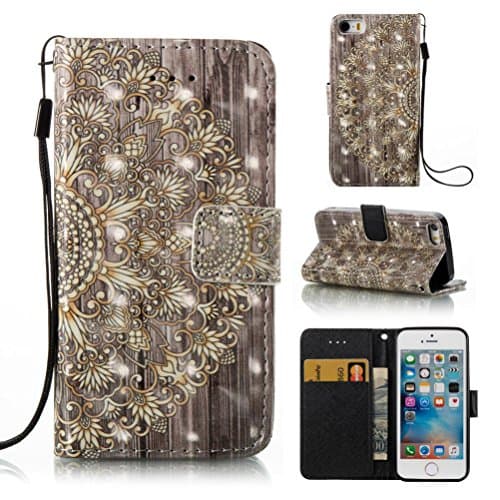 iphone se case, Lightweight PU Leather wallet case Kickstand wrist strap flip folio cover card holder gift for daughter sun girlfriend for iphone se-flower2