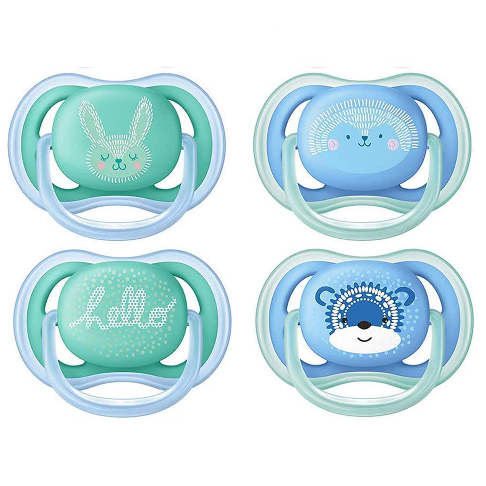 Philips Avent Dummy with Ultra Soft Teat Shield // New 2019 // 6-18 Months // Ultra Soft // Set of 4 Plain // Includes 2 Sterilising Transport Boxes