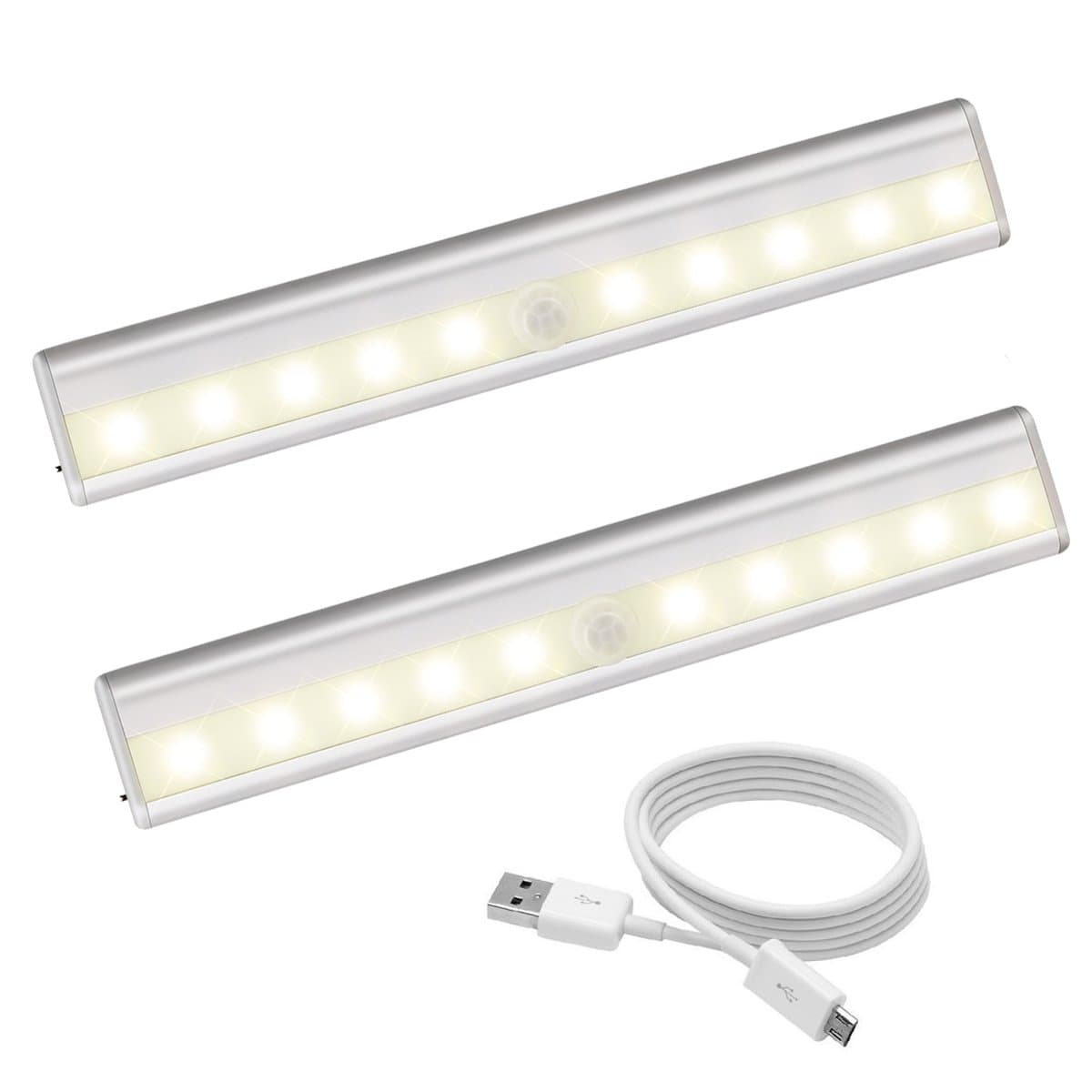 Motion Sensing Closet Lights 10 LED Rechargeable Night Light Bar for Cabinet Wardrobe Cupboard Drawer Stairs Step Stick-on Safe Lights Bed Light with Magnetic Strip.(Warm White - 2 Pack)