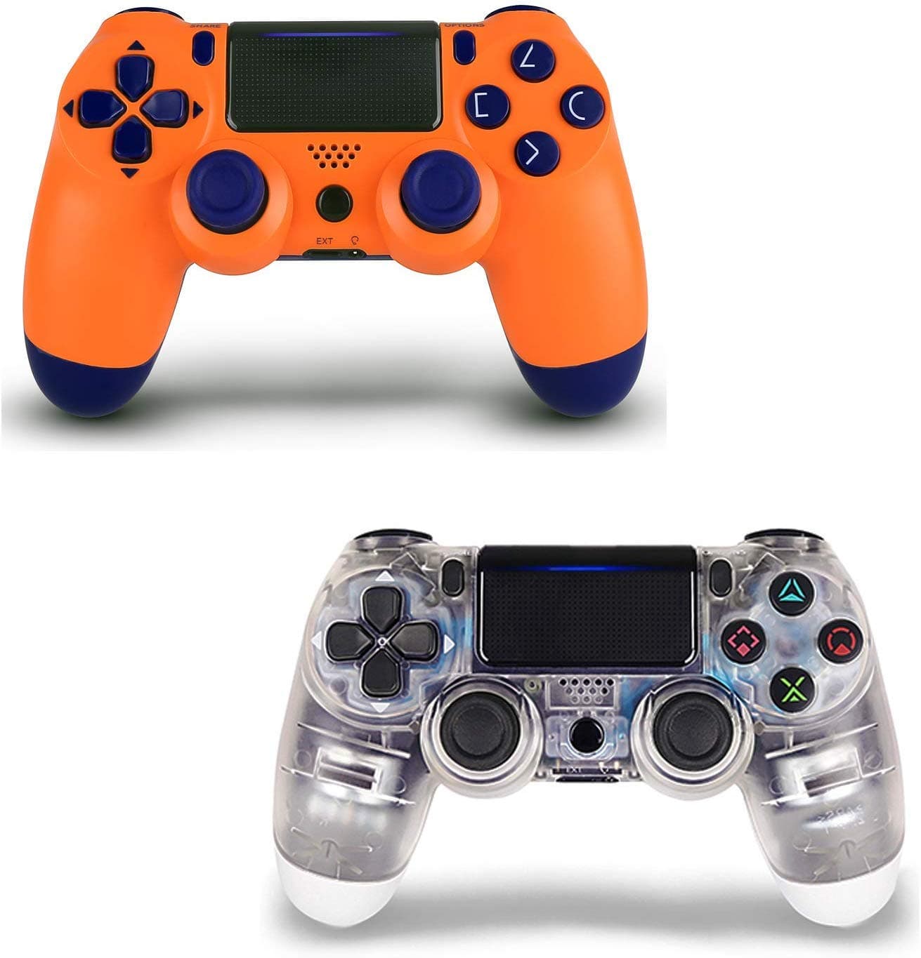 2 Pack Wireless Controller Remote for PS4 - Foster Gadgets Control Joystick for Sony Playstation 4 with Double Shock (Orange Sunset and Transparent White, Fall 2019 New)