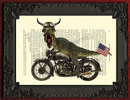 t rex dinosaur on motorcycle dictionary art print