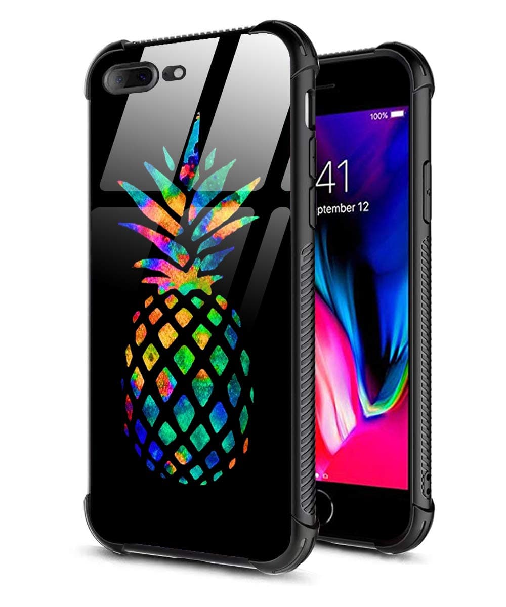 DAHAOGUO iPhone 7 Plus Case,iPhone 8 Plus Pineapple Case,Slim Fit Tempered Glass Back for Girls+Soft Silicone TPU Shock Absorption Bumper Protective Case for iPhone 7 8 Plus 5.5 inch Black