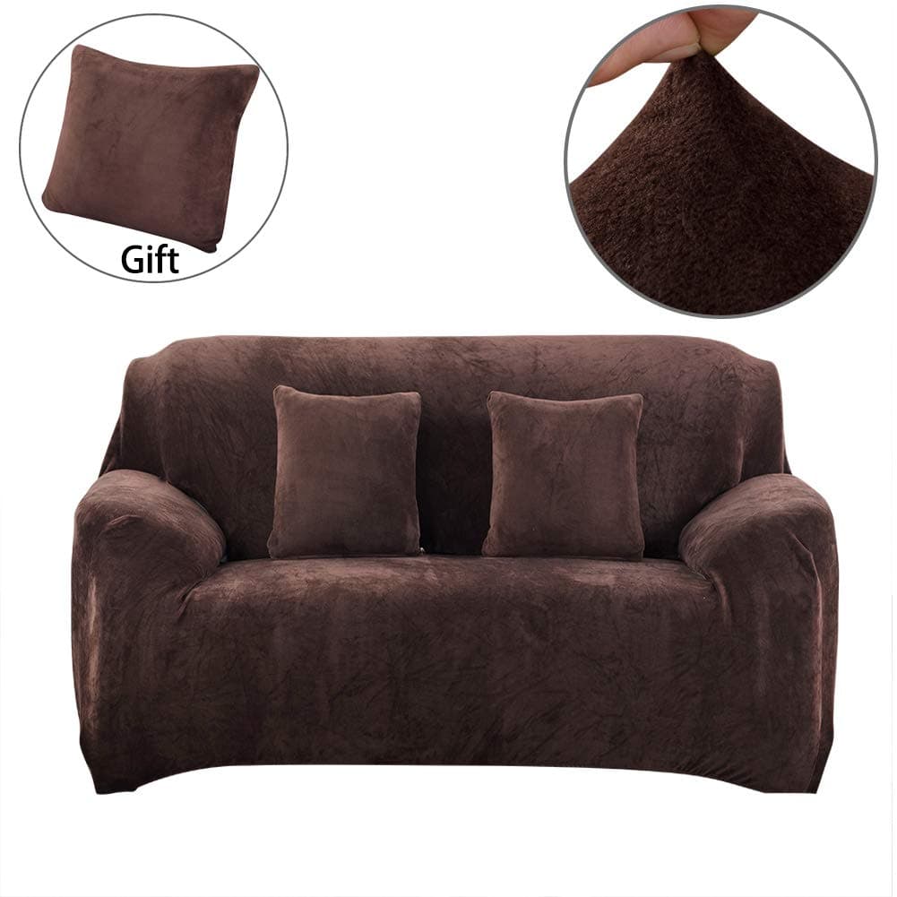 Hengweiuk Thick Sofa Covers, Premium Pure Color Sofa Protector 1/2/3/4 Seater Velvet Sofa Slipcover Stretch Easy Fit Stylish Furniture Cover Pet Dog Protector (Coffee, 2 Seater/Loveseat)