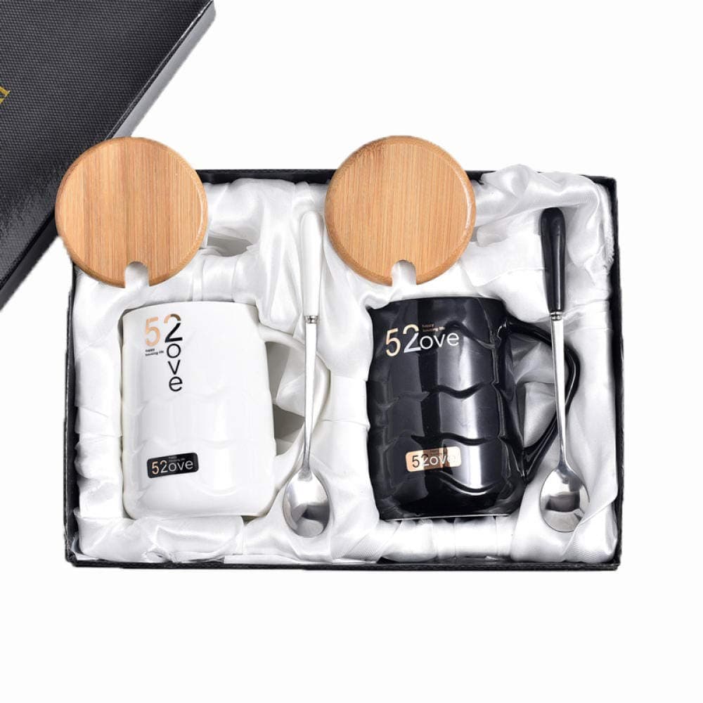 HMShun Mug Coffee Cup Ceramic with lid Spoon Cup Wedding Wedding Gift Box Set Couple Pair of Cups a Pair of Cups@520 Black and 520 White