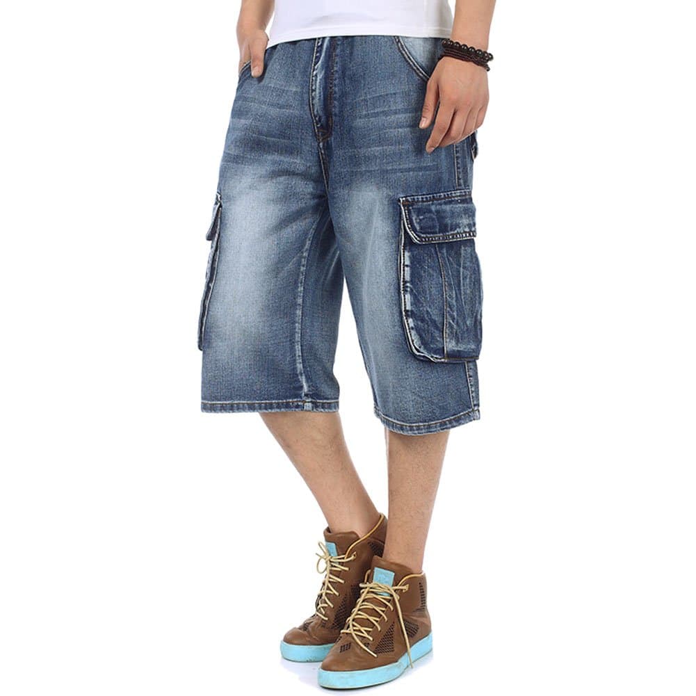 CrazyMen's Light Denim Cargo Short Vintage Jeans
