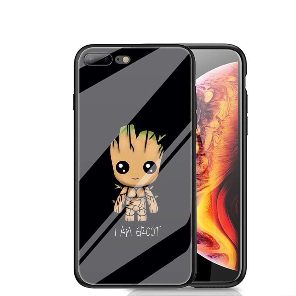 RUIWEI RWNO-277 I am a Groot Designed for iPhone 7/8 Case,Tempered Glass Back Cover and Black Anti-Scratch Shock Absorption Cover Case
