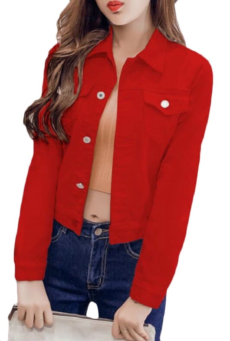 Ptyhk RG Women Loose Fit Button Down Solid-Colored Jean Jacket Coat