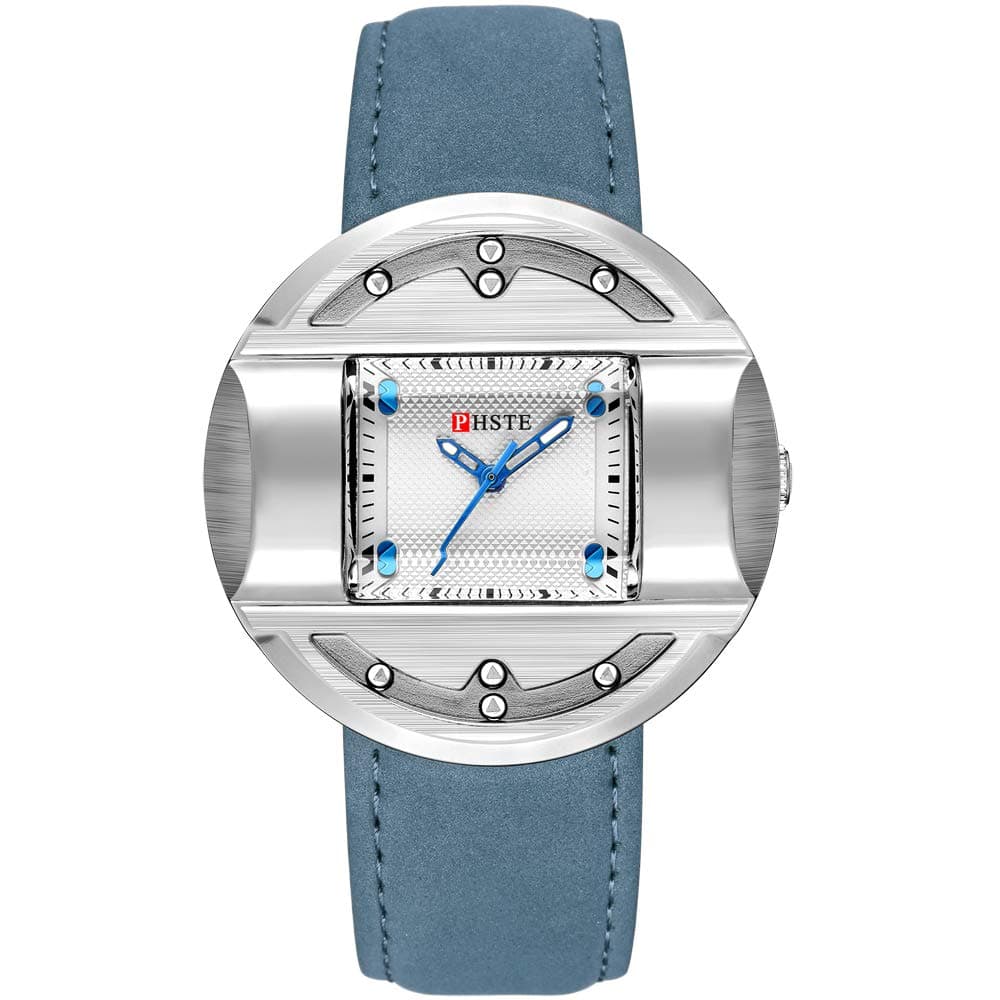 PHSTE Men's Unique Analog Quartz Watch with 3D Square Dial Genuine Leather Band Waterproof Wrist Watches