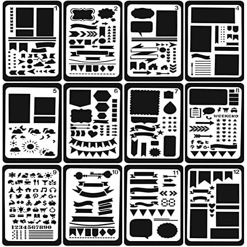 Deeram 12 Pcs Bullet Journal Stencil DIY Drawing Template for Diary Notebook Scrapbook Craft Projects, 4 x 7 Inch