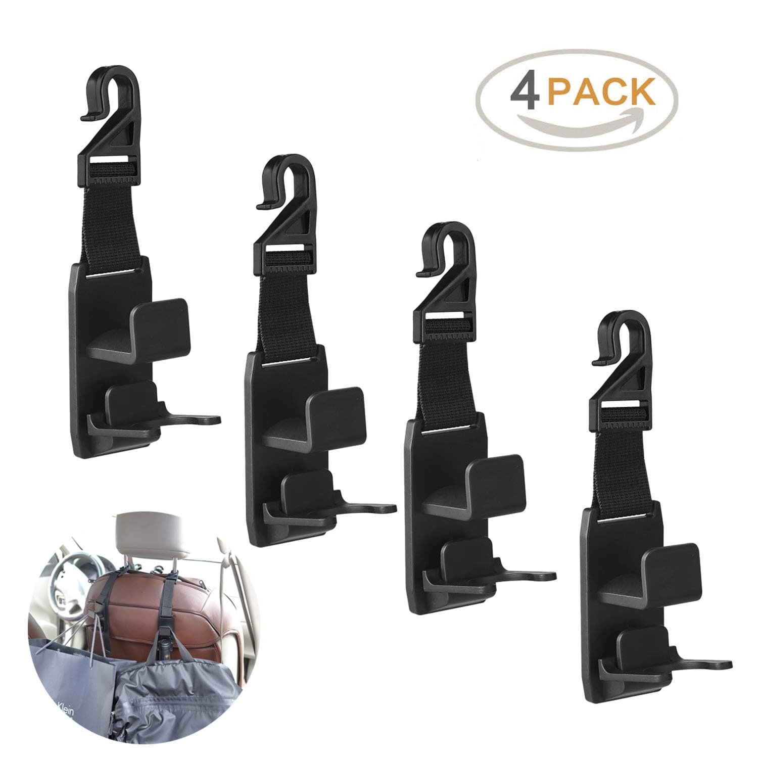 Universal Headrest Hooks for Car Vehicle, Portable Back Front Seat Headrest Hanger Holder Hook Car Seat Organizer with Bottle Holder for Storage Purse, Backpack, Handbag, Coat and Grocery Bag (4 Pack)