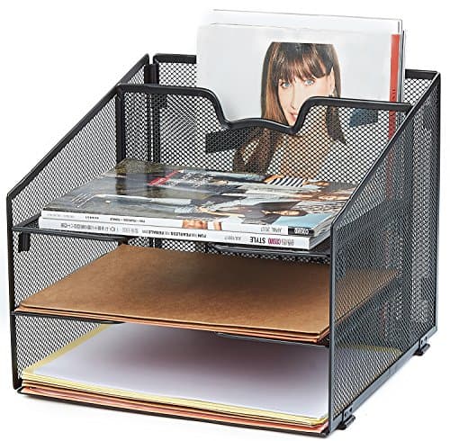 Rackarster Vertical Mesh Office Desk Organizer Desktop File Organizer with 3 Paper Organizer Letter Tray and Separate Compartment, Black