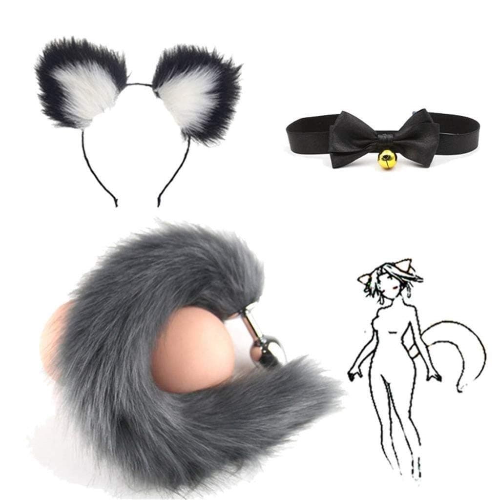 Cos- Ring Collar, Grey Fluffy B-ütt P-l-ǔ-g Fox Tail Plush and Multicolor Cat Ears Anime Set For Women Glamour Female Masquerade Props 3pcs Set Cosplay Costume Props ( Color : Black+White , Size : L )