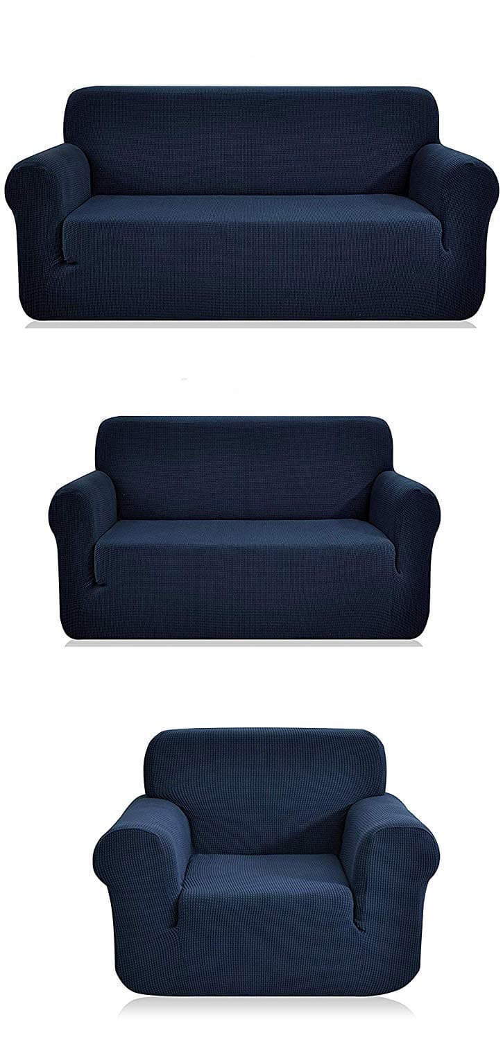 Luxury Home Collection Stretch Fabric Slipcover Set Solid (Navy Blue, 3 Pce (Sofa+Love-Seat+Chair))