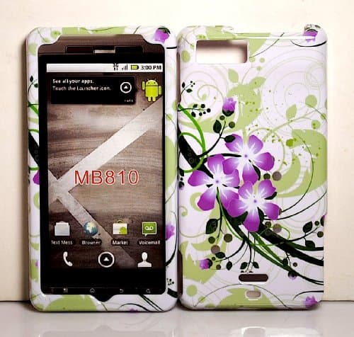 Mb860 Purple Flower with Green Wave Snap on Hard Protective Cover Case for Motorola Droid X MB810 + Microfiber Pouch Bag