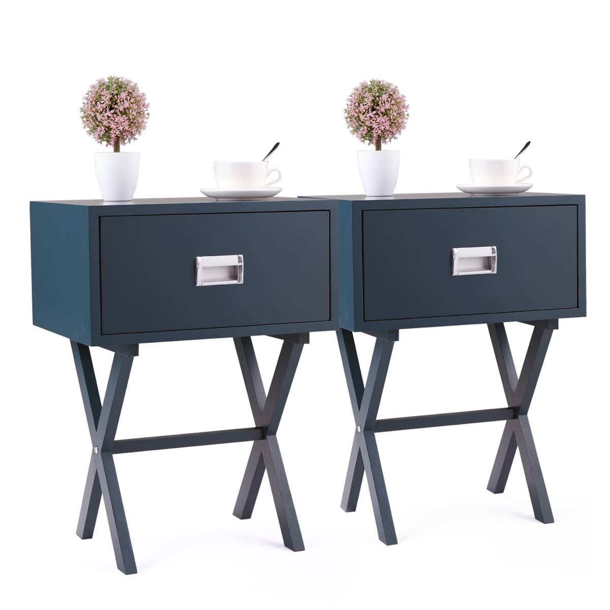 Sandinrayli 2PCS End Side Table Nightstand Storage w/Drawer and Beam Home Decor Furniture Bedside Blue