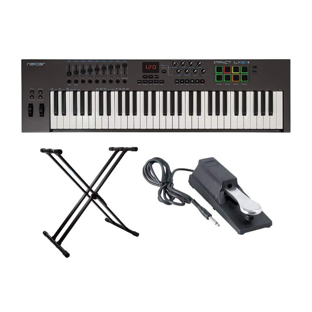 Nektar Impact LX61+ 61-Key USB MIDI Keyboard Controller Bundled with Sustain Pedal and Knox Keyboard Stand (3 Items)