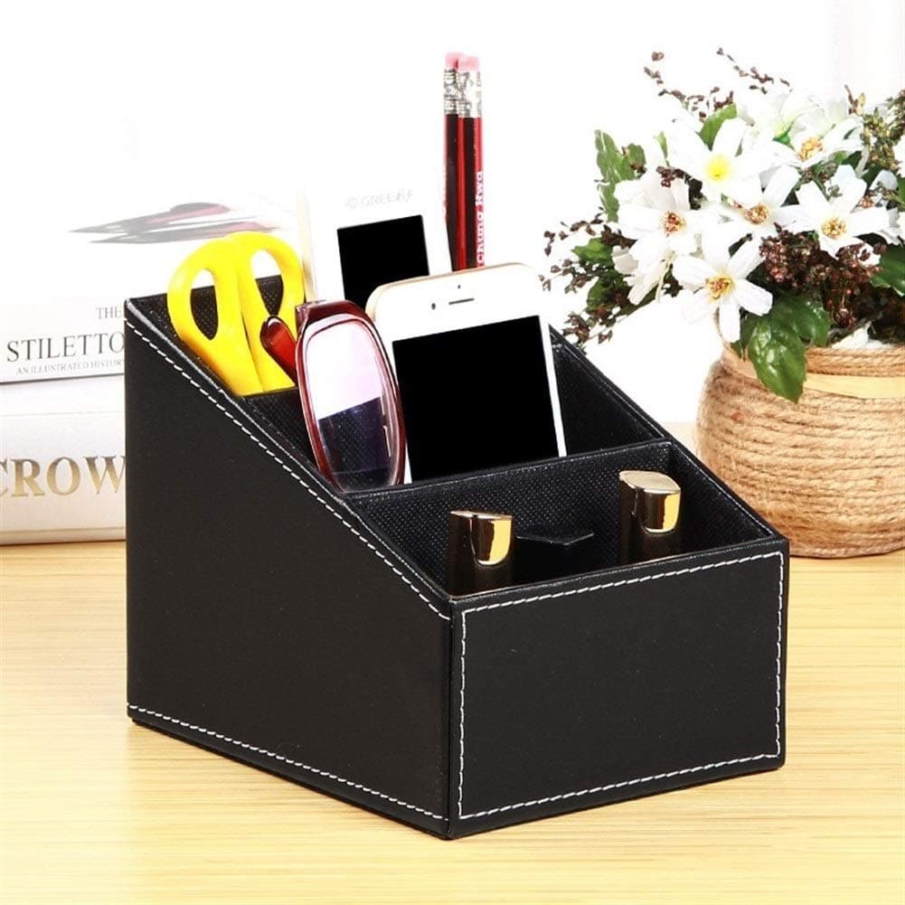 ZLDDE Creative 3 Compartments Leather Remote Control Organiser Holder, Controller TV Guide For home kitchen cars (Color : Black)