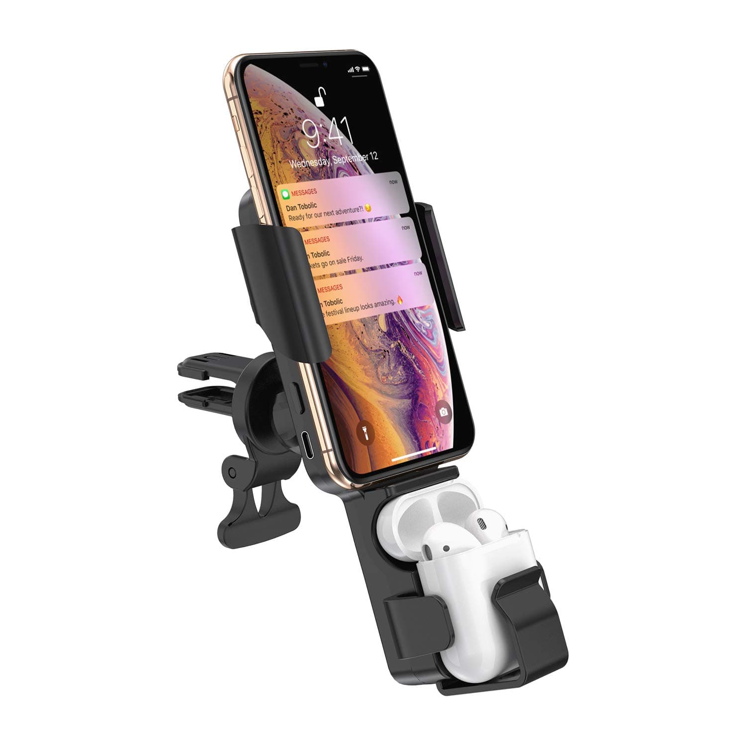 Wireless Car Charger Mount, 2 in 1 Qi Fast Charging Car Charger for iPhone and Airpods 2, Touch Clamping Car Wireless Charger iPhone and Airpods Holder Air Vent for iPhone 11 Max Xs Xr X 8 Airpods 1 2