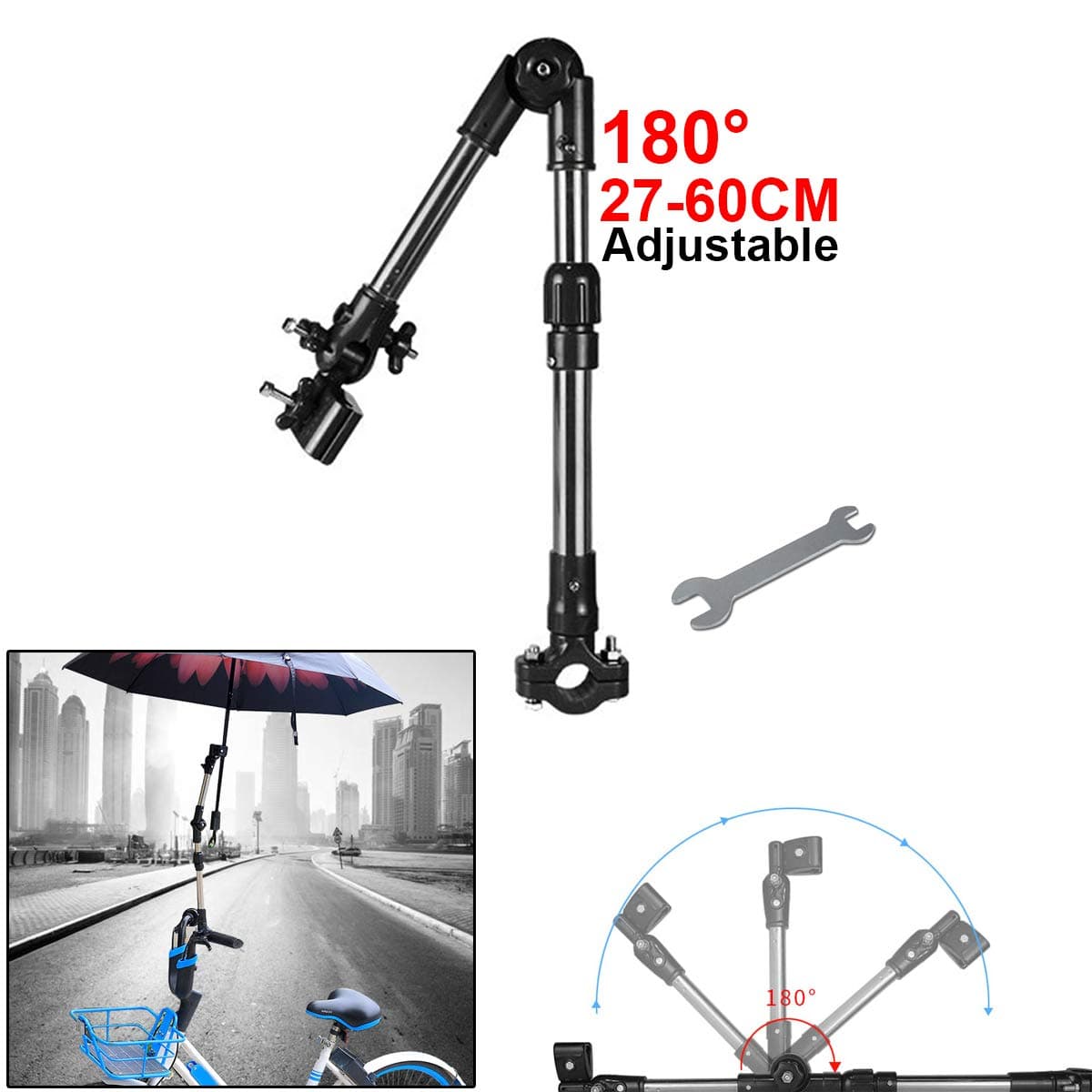 7E TRADING Umbrella Multi-angle Connector Holder for Bicycle/Motorcycle Wheelchair/Pram/Pushchair with Easy Wrench black 60CM