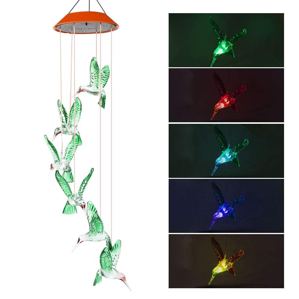 Vegena LED Solar Wind Chimes,Color-Changing LED Solar Mobile Wind Chime Waterproof 6 Hummingbird Wind Chimes Bell Outdoor Hanging lamp for Home Party Garden Decorations