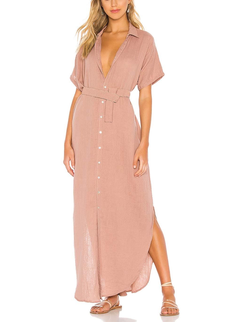 Tsher Women's Beach Dresses with Pockets Button Down V Neck Shirt Maxi Dress with Belt 0103