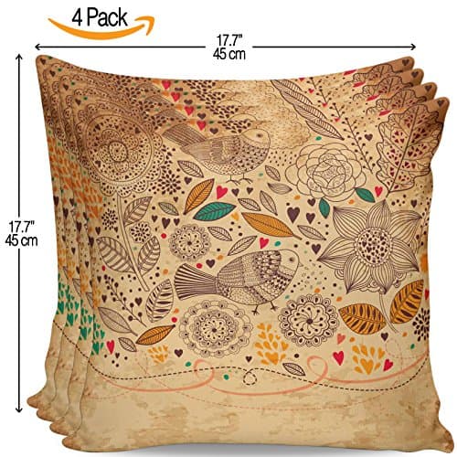 Serra Home 4-Pack Decorative Dark Beige Black Shapes Leaf Bird, 18" x 18" Throw Pillow Covers Set Turkish New Design Linen Square Made in Turkey Patterned Cases Couch Cushion for Sofa Bedroom