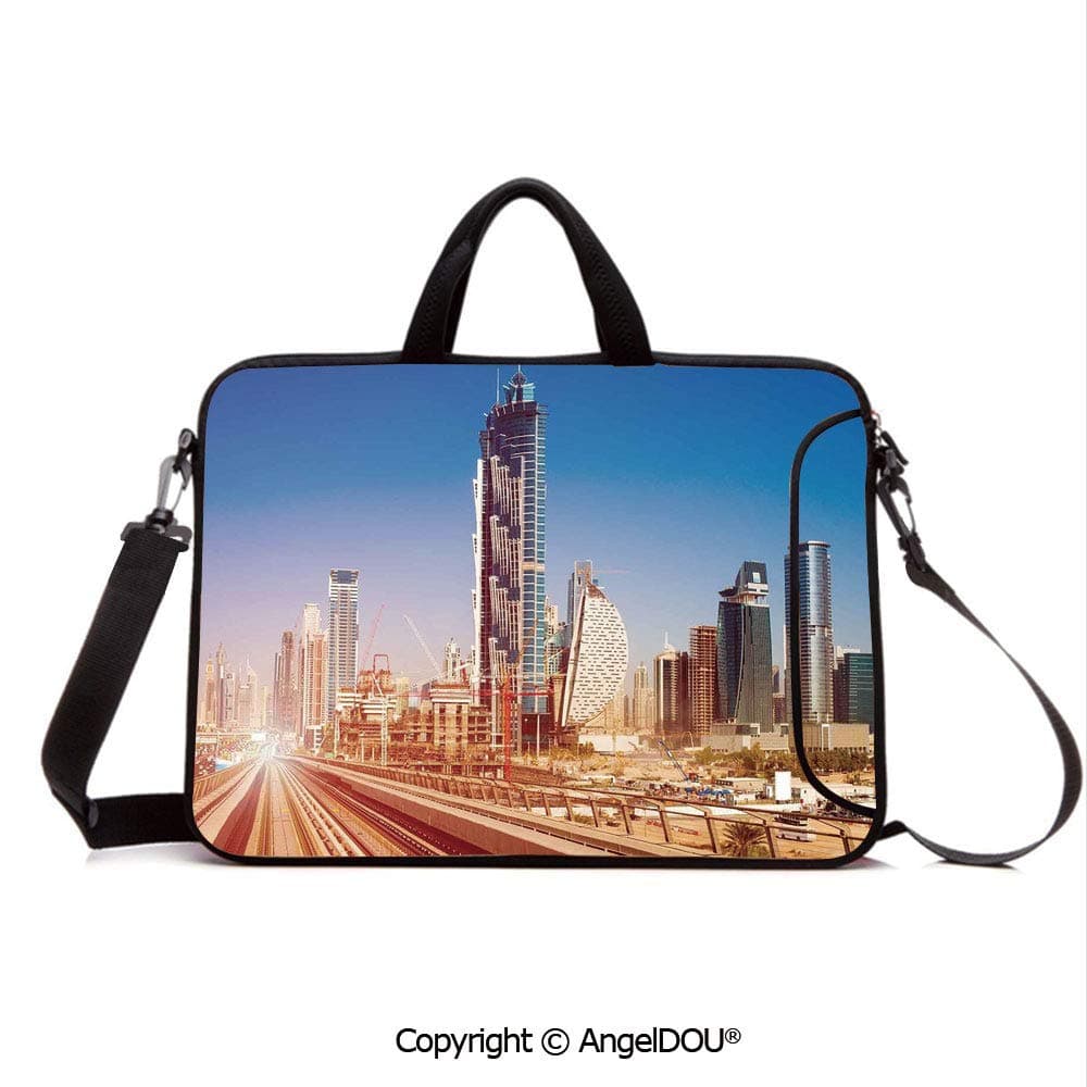 AngelDOU Laptop Shoulder Bag Waterproof Neoprene Computer Case Modern Subway Line in Dubai Tracks Skyscrapers Futuristic View Commercial with Handle Adjustable Shoulder Strap and External Side Pocke