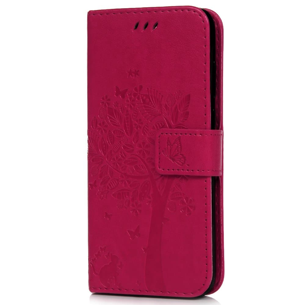 Huawei Y6 2018 Case, Honor 7A Case, Shockproof PU Leather Flip Wallet Case Cat Tree with Kickstand Card Holder Magnetic Silicon Protective Slim Skin Phone Case for Huawei Y6 2018 / Honor 7A Rose Red