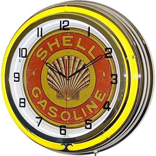 18" Shell Gasoline 1920's Sign Double Neon Lighted Wall Clock Chrome Yellow