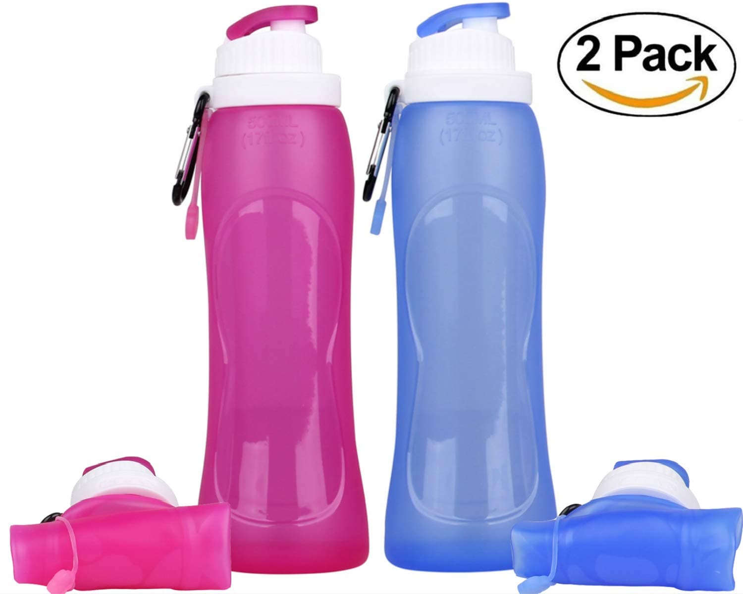 KCOGOO 2 Pack Collapsible Silicone Water Bottle, Couples Leak-Proof Lightweight Portable Cup roll up for Outdoors, Hiking, Camping, Biking, Sports and Traveling Red and Blue 17oz(500ml)
