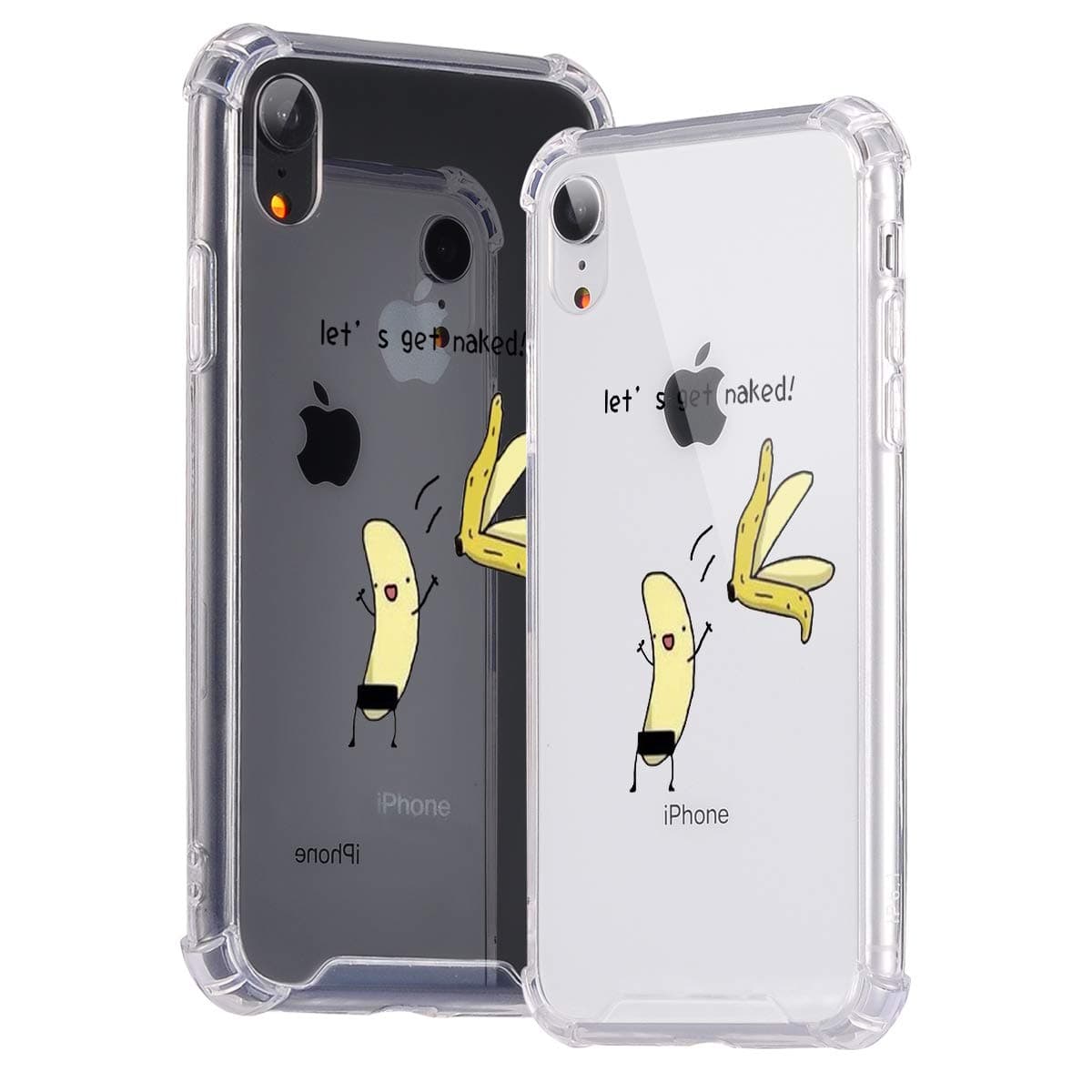 idocolors Clear Phone Case for iPhone XR Shockproof Hard Plastic Back + TPU Soft Bumper with Air Cushion Protective Cute Banana Cover with Quote Slim Kawaii Cartoon Fruit Phonecase